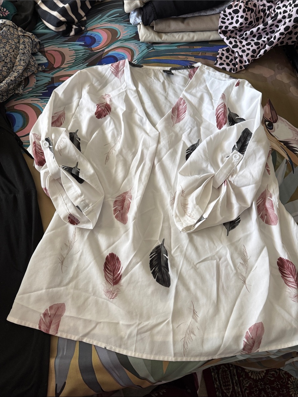 White V-Neck Feather Print Blouse - Pink & Black Feathers